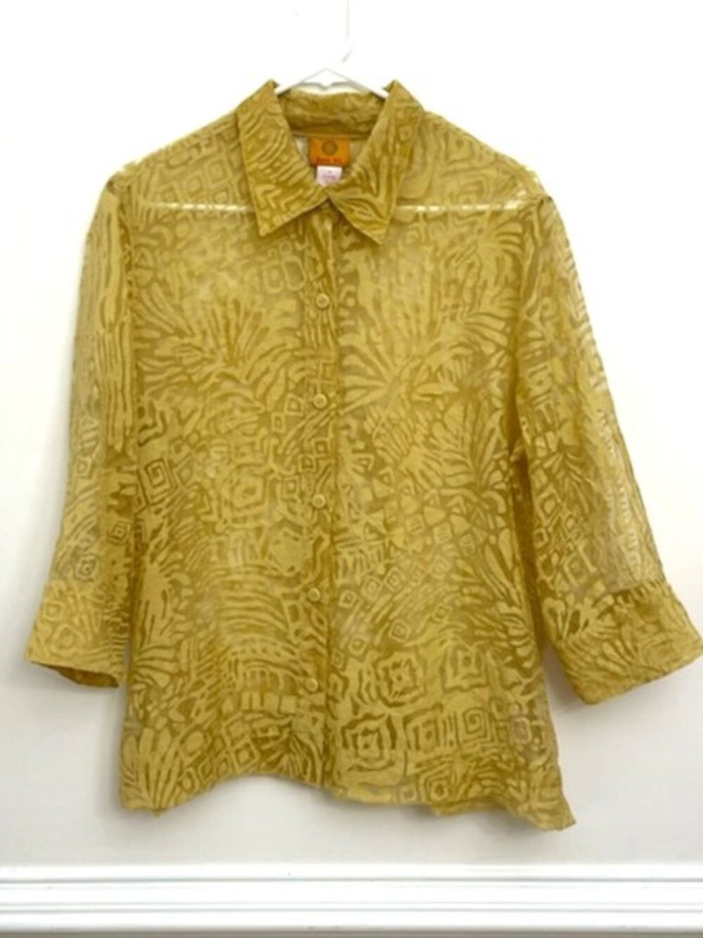 Ruby Rd Aztec Tribal Semi Sheer Lace Blouse Top Sz 16 Yellow Burnout 3/4 Sleeve